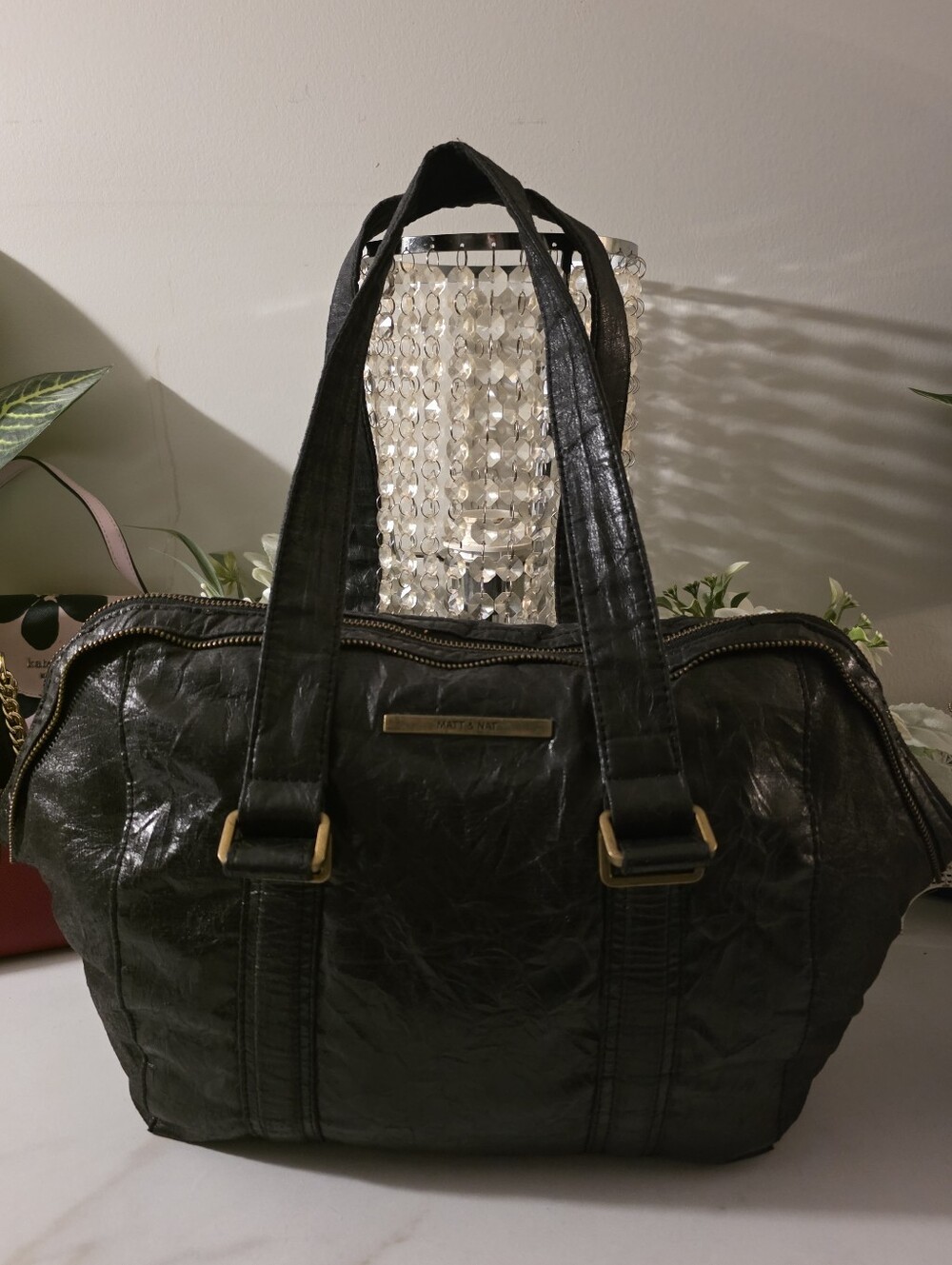 Black Women's Leather Shoulder Bag with Gold-Tone Accents